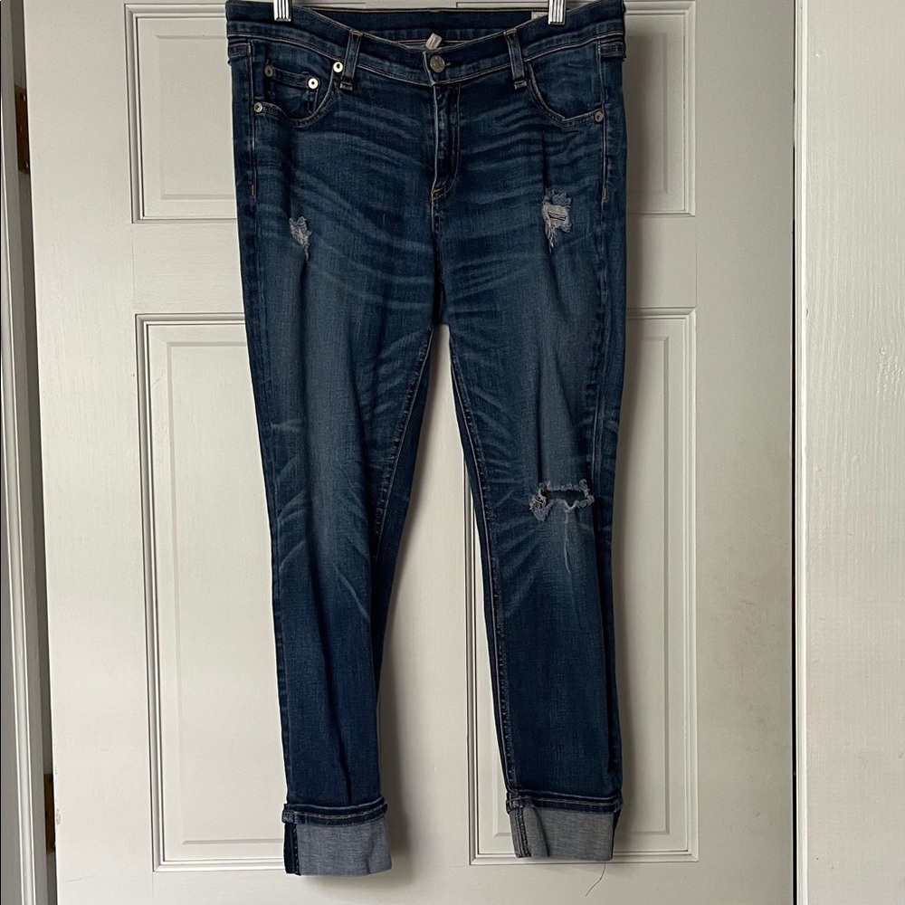 rag & bone Dark Blue Distressed Cropped Skinny Jeans
